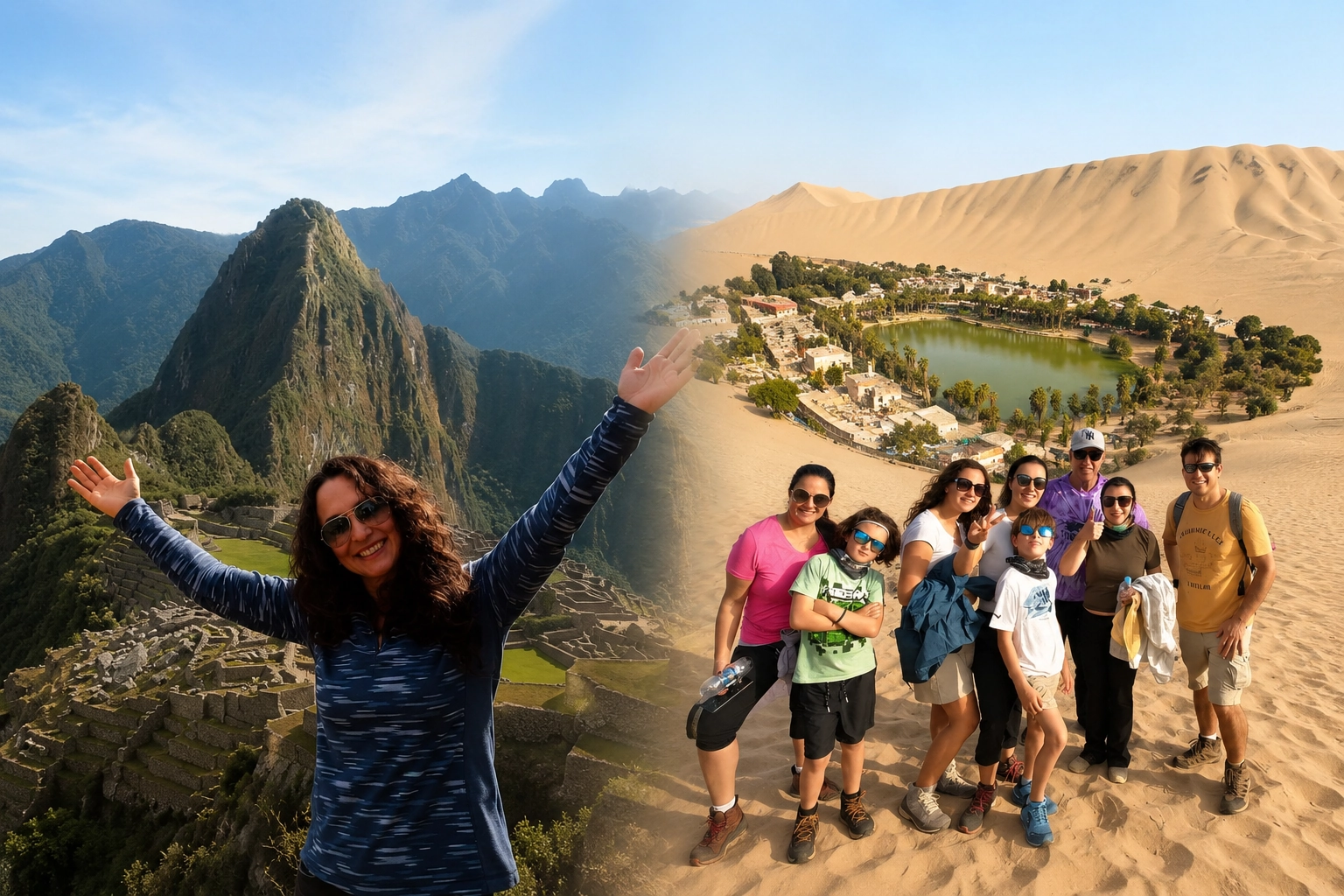 Viajante em Machu Picchu e grupo de turistas no Oásis de Huacachina durante roteiro pelo Peru
